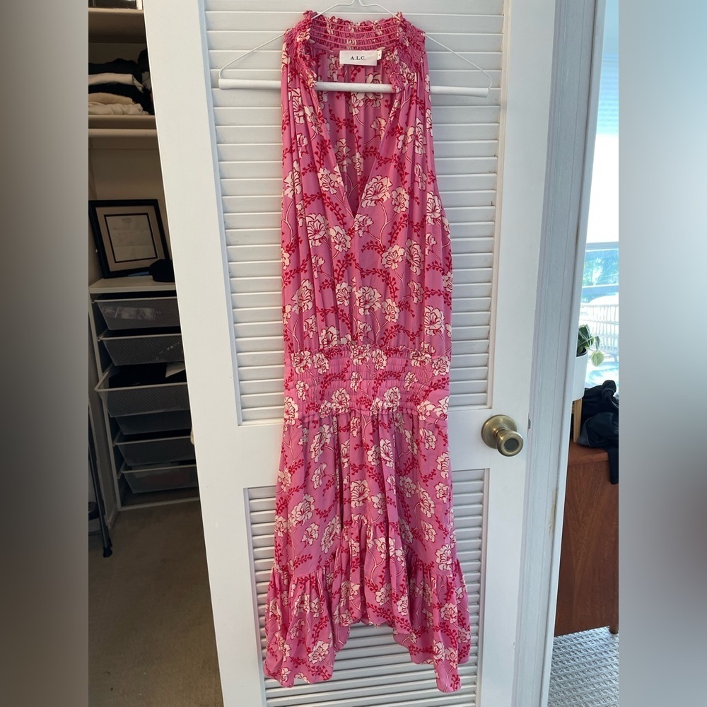 ALC Cody Floral Print 100% silk halter midi hot pink dress almost new - Picture 1 of 4